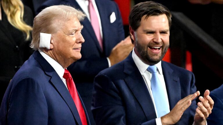 Trump lauded at Republican convention, his first public appearance since